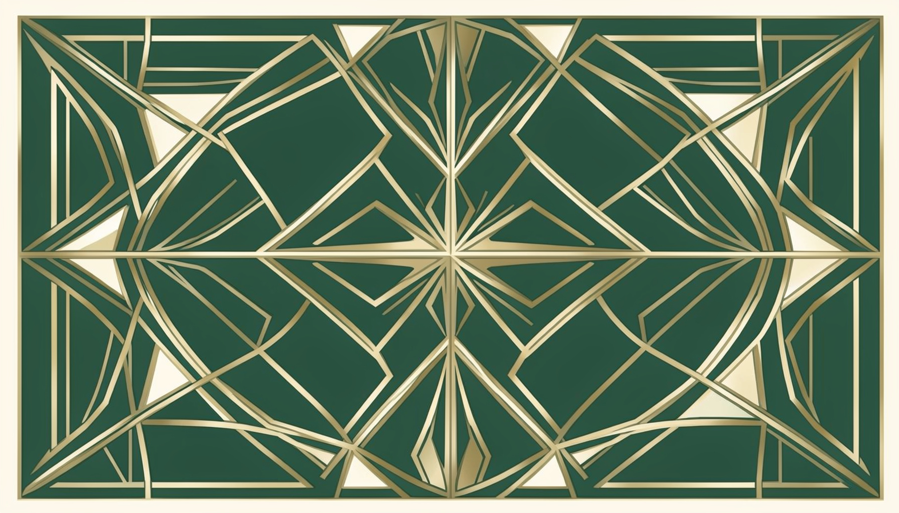 Art-deco geometric composition with symmetrical motifs in muted gold, cream, and deep green tones, evoking a refined golf club atmosphere